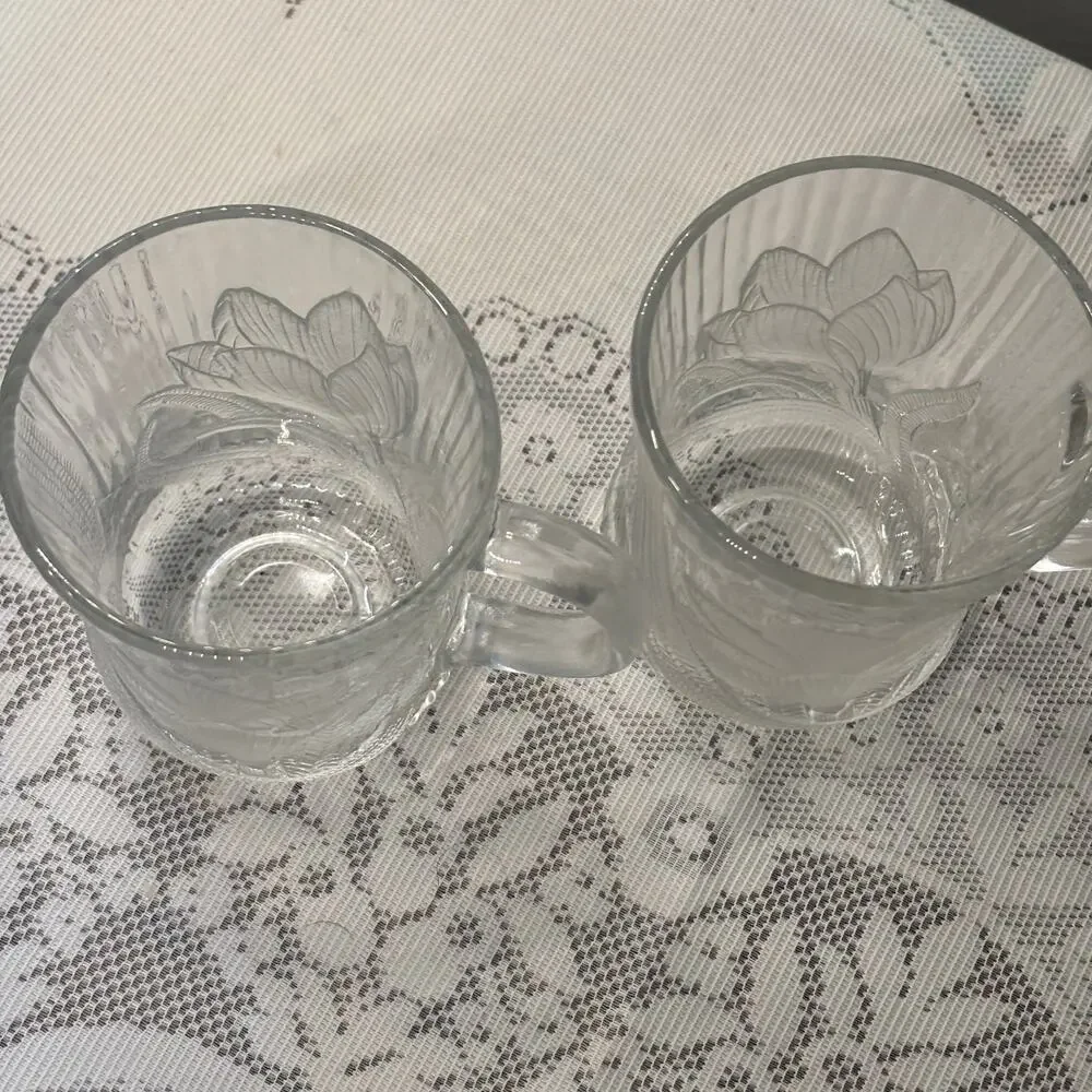 Vintage Arcoroc Canterbury Crocus France Clear Glass Mugs Set of 2 Coffee/ tea